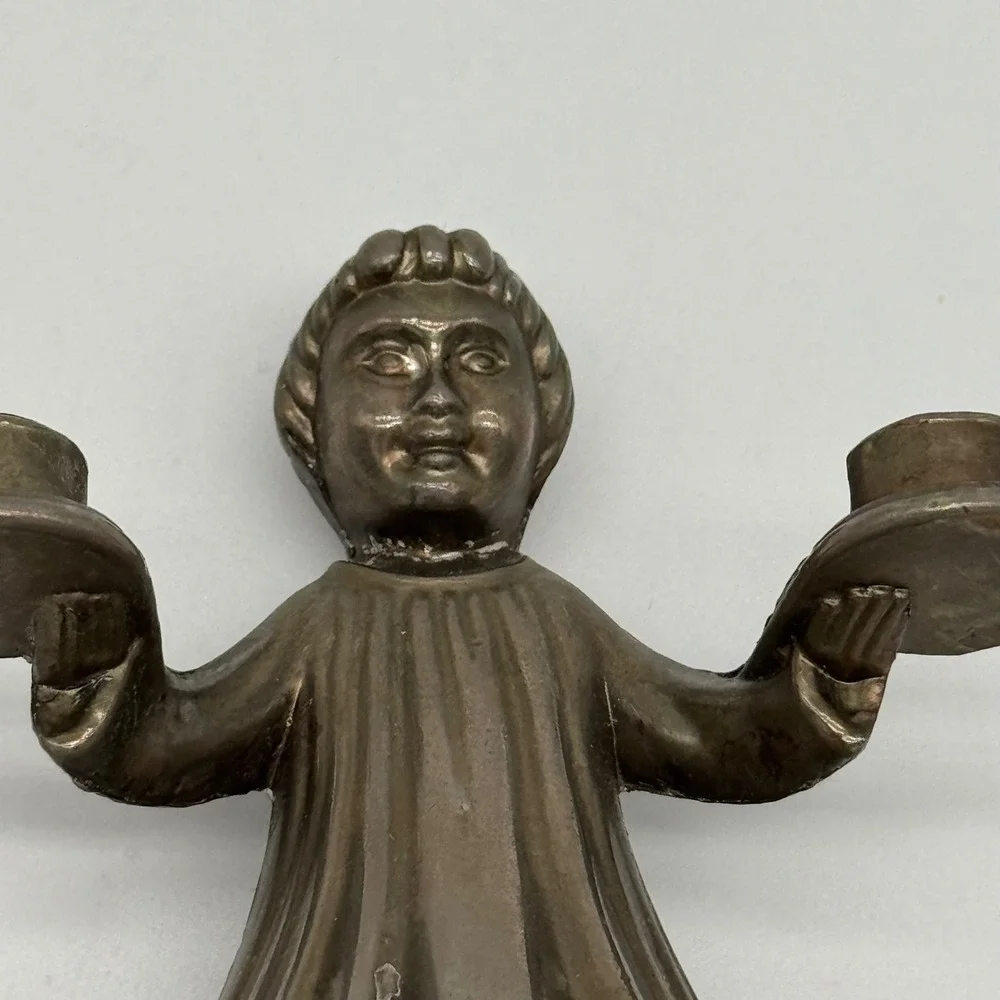 Vintage Metal Choir Boy Candle Holder Double Small Taper Silver Plated 3.5